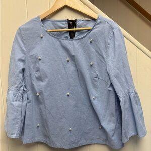 Ellison Womens chambray Pearl Embellished Bell Sleeve 100% Cotton Top Size Large